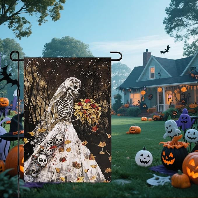 IVN Halloween Garden Flag 12x18 Inch Skeleton Bride Skulls Gothic Spooky Haunted Fall Leaves Forest Double Sided Outdoor Decor Welcome Flag for Yard Home Porch Patio Decorations