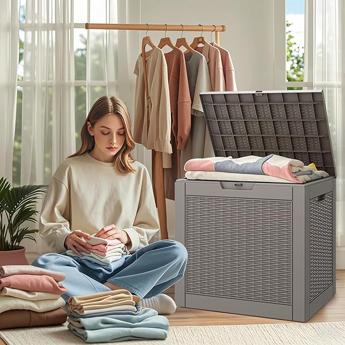 35 Gallon Outdoor Storage Box Set of 2, Waterproof Resin Deck Box with Lockable, Patio Furniture Storage Bin for Package Delivery, Patio Cushions, Garden Tools, Pool Accessories, Grey