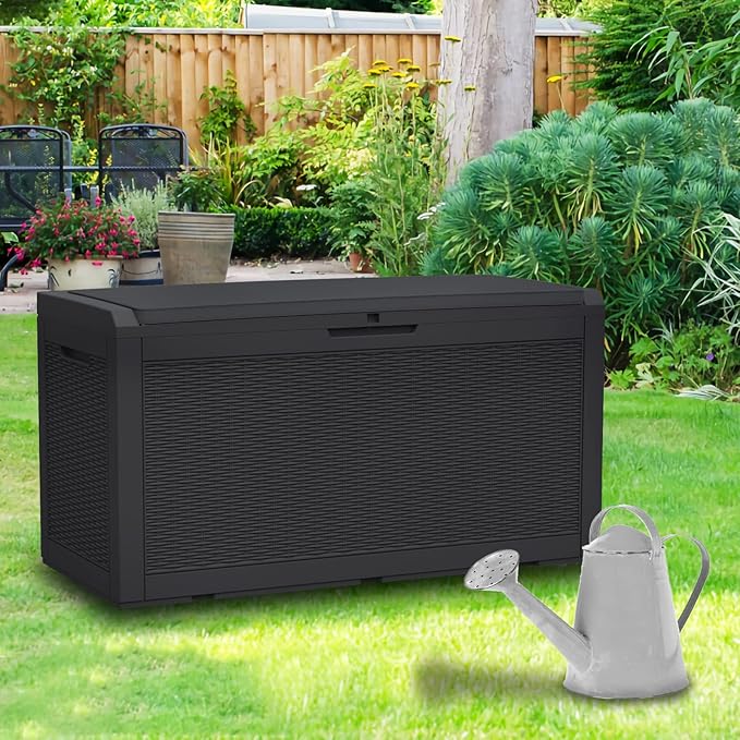 Modern-Depo 100 Gallon Polypropylene PP Deck Box Indoor Outdoor Waterproof Lockable Organization Container & Storage Bin Delivery Box with Cushion, Black