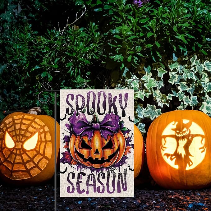 Halloween Garden Flag Pumpkin Spooky Season Vertical Double Sided Flags for Holiday Farmhouse Patio Yard Outdoor Party Decor Decorations Gifts - 12.5 x 18 Inch