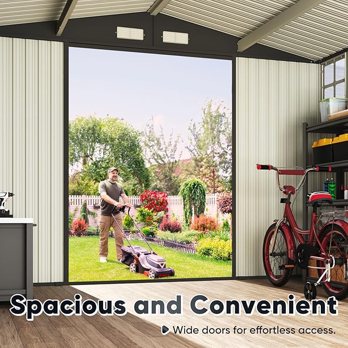 Quictent Heavy Duty 8X6 FT Outdoor Metal Storage Shed, Lockable Tool Shelter Waterproof Shed for Garden, Backyard, Lawn and Patio Scene with Combination Lock, Brown(8.2X5.8 FT Base, No Floor)