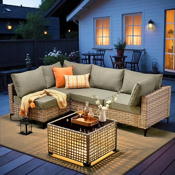 Outdoor Sectional Patio Furniture Set with Glowing Table,5 Pieces Wicker Conversation Sets L Shaped Couch Out Door Sofa Set Outside Furniture for Garden Deck Yard Porch,Dark Grey