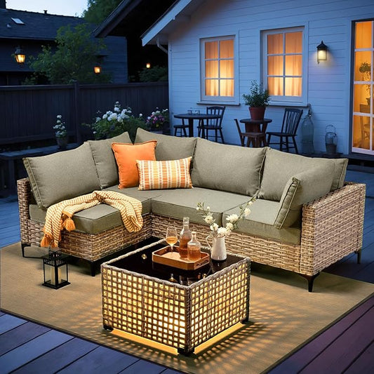 Outdoor Sectional Patio Furniture Set with Glowing Table,5 Pieces Wicker Conversation Sets L Shaped Couch Out Door Sofa Set Outside Furniture for Garden Deck Yard Porch,Dark Grey