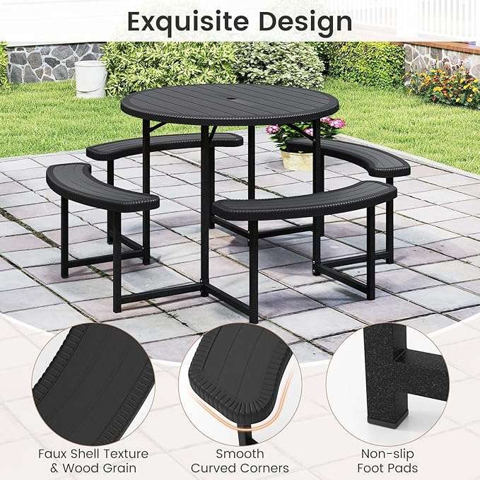 Tangkula 8 Person Picnic Table, HDPE Outdoor Round Table and Bench Set with 4 Built-in Benches, Umbrella Hole, Metal Frame for Garden Yard Patio Lawn