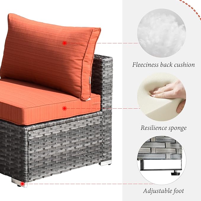 HOOOWOOO 7 Piece Patio Sectional Furniture Set,Modern Wicker Outdoor Conversation Sofa Sets,Weather Resistant Modular L Shaped Outside Couch Table Set(Orange Red)