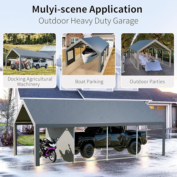 Carport - Upgraded 13x26 FT Oversized Heavy Duty Car Tent Storge Shelter Garage with Zipper Vents & Doors, Tarp Thicken Car Canopy with Reinforced Steel Poles Car Port for SUV, Boats