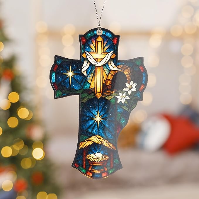 Christian Cross Ornament – Religious Christmas Decor- Nativity Ornament- Easter Cross Ornament – Christian Ornament 2025 – Suncatcher Effect Window Hanging