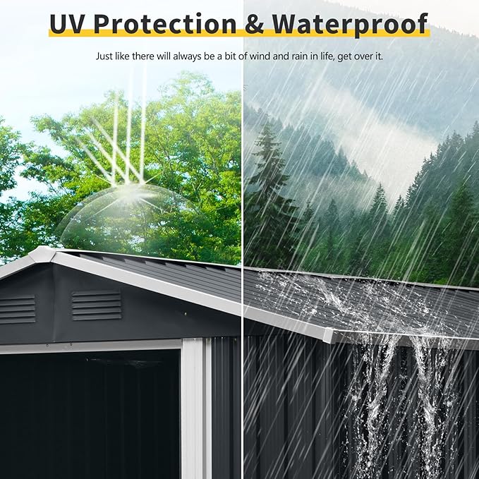 8x10 FT Outdoor Storage Shed, Metal Garden Shed with Frame Floor, Outside Tool Shed with Lockable Sliding Doors, Waterproof Storage Building with Sloped Roof for Backyard, Patio, Lawn, Black