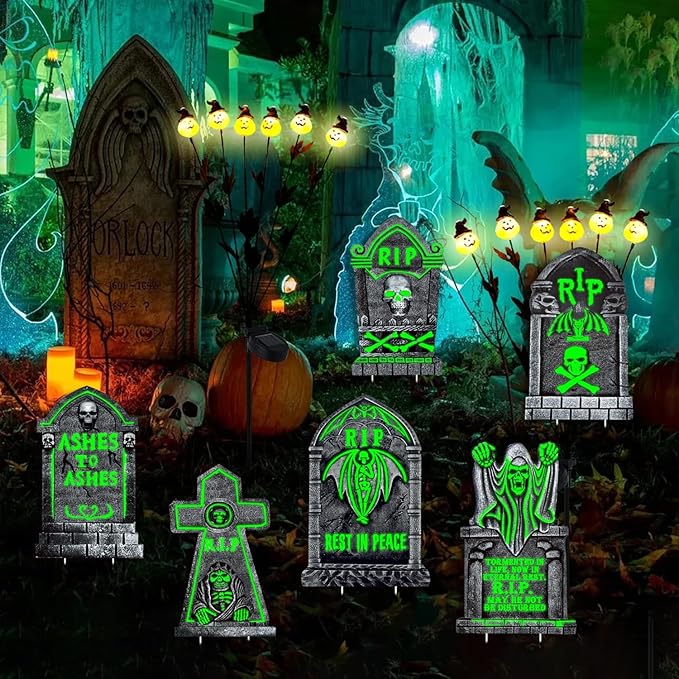 Large Halloween Tombstones Decorations, 6 Pack 16.5"x10" Light Up Tombstone for Graves, Plastic Spooky Outdoor Halloween Gravestone, Waterproof Cemetery Grave Decor with 12 stakes for Yard Lawn Party