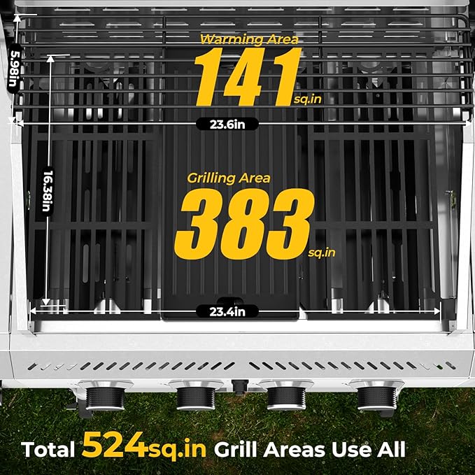 R.W.FLAME 4-Burner Gas Grill with Side Burner, Stainless Steel Propane Grill 42000BTU for Outdoor Cooking, with Porcelain-Enameled Cast Iron Grates, Baking Pan, Silver