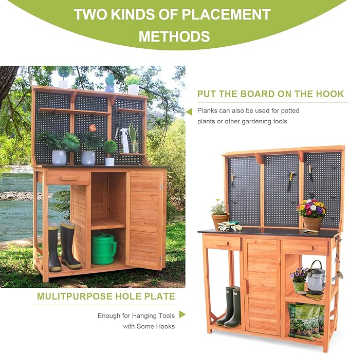 Outdoor Potting Bench,Wooden Potting Table with Metal Tabletop,Garden Work Bench with Drawer and Free Matching Storage Cabinet Shelf/Hooks for Backyard,Patio,Greenhouse (Black, 40 * 59 * 20in)