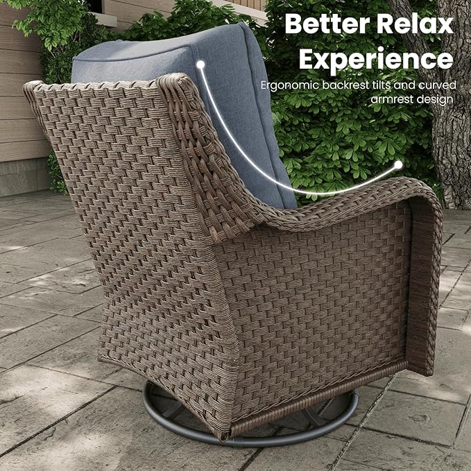 6 Pieces Outdoor Patio Furniture Sets with Rocking Swivel Chairs with 6-inch Thick Cushion and Side Table for Deck Lawn