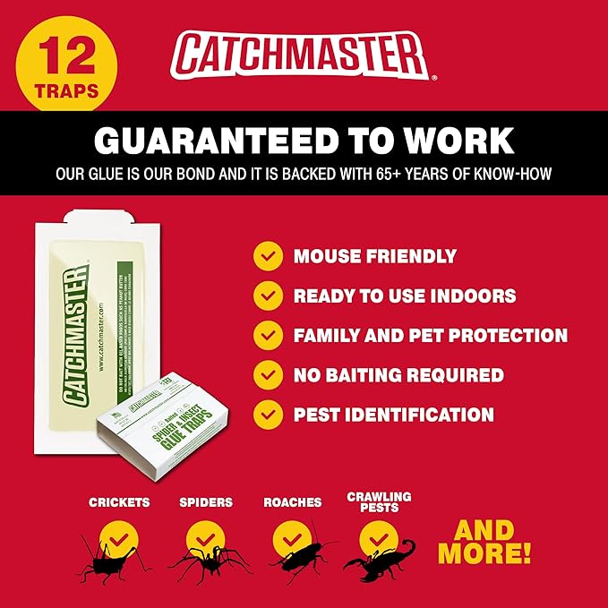 Catchmaster Crawling Pest & Insect Glue Traps 12-Count (3 Packs of 4), Insect Traps Indoor for Home, Pest Control Glue Boards, Adhesive Tray for Bugs, Spiders, Crickets, Roaches, & Ants