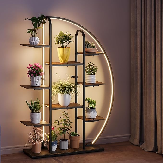 Big Plant Stand Indoor with Grow Lights and LED Light, 61”Tall Metal Plant Shelf Flower Stand for Multiple Plants, 9 Tier Moon-Shaped Plant Rack Large Display Plant Holder for Living Room Balcony