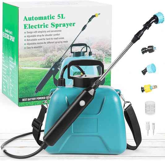 Automatic Battery Powered Sprayer – 1.35 Gal Cordless Electric Sprayer with Zero Pump, Electric Water Sprayer with 3 Nozzles, USB Rechargeable Handle, & Adjustable Shoulder Strap