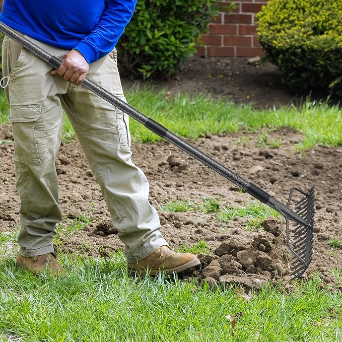 63'' Bow Rake ，17 Tines Metal Head Rakes with Stainless Steel Handle，Heavy Duty Garden Rake for Loosening Soil Gathering Leaf Leveling Lawn Farming Land Management Yarn Thatch Rake