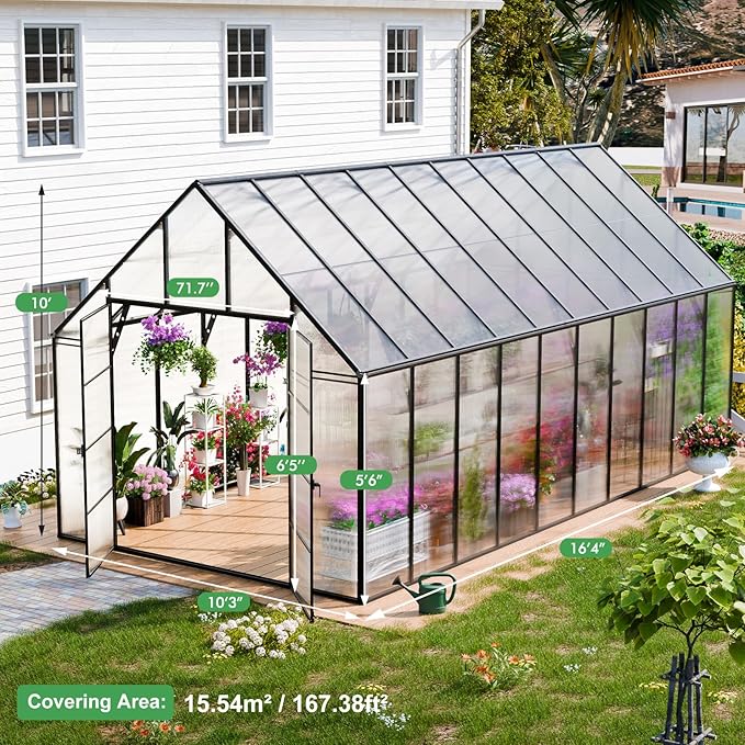 CDCASA 10x20 FT Greenhouse for Outdoors,Large Easy Assembly Large Polycarbonate Greenhouse Aluminum Greenhouses w/4 Vents Window, Swing Door Walk-in Green House for Ouside,Backyard,Garden, Black