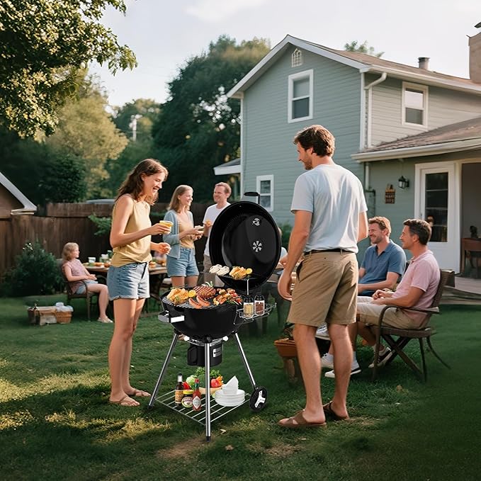 22.5-Inch Portable Charcoal Grill, Heavy Duty Kettle BBQ Smoker with Built-in Thermometer & Removable Water-Rinsable Ash Catcher for Outdoor Camping, Patio, Backyard, and Tailgating