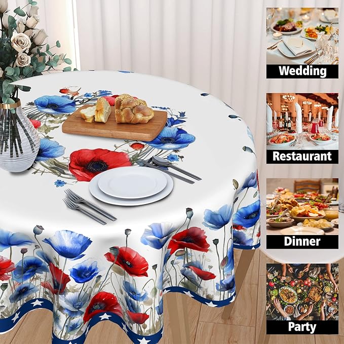 4th of July Round Tablecloth 60 Inch Patriotic Watercolor Poppy Flower Stars Kitchen Table Cloth Independence Memorial Day Heat Resistant Washable Reusable Tables Cover for Party Picnic Dinner Decor