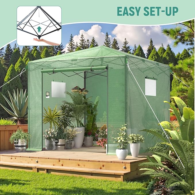Pop Up Greenhouse 10x10FT, Pop Up Green House for Outdoors, Portable Greenhouses, Walk-in Greenhouses, Popup Greenhouse Kit, Easy Set Up