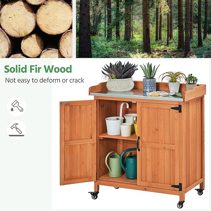 Yaheetech Garden Potting Bench Table - Outdoor Garden Patio Wooden Storage Cabinet & Solid Wood Planting Work Bench with Large Space Storage & Metal-Plated Tabletop, Brown