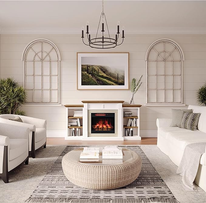 Country Living Belhaven 74 Inch Bookcase Mantel Package | 23 Inch Electric Fireplace Insert Heater with Remote | Warm Walnut Shelving | Marble or White Trim | Multi-Color Flames