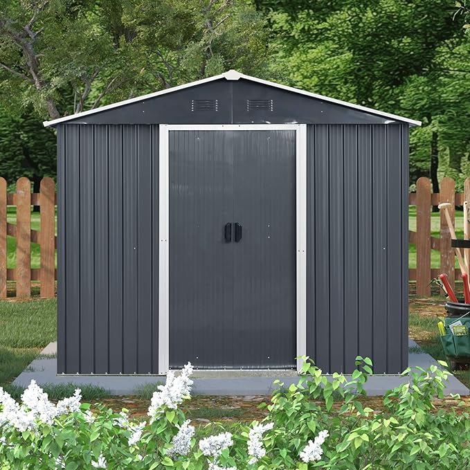 4x8 FT Outdoor Storage Shed, Metal Garden Shed with Frame Floor, Outside Tool Shed with Window, Waterproof Storage Building with Lockable Sliding Doors & Sloped Roof for Backyard, Patio, Black