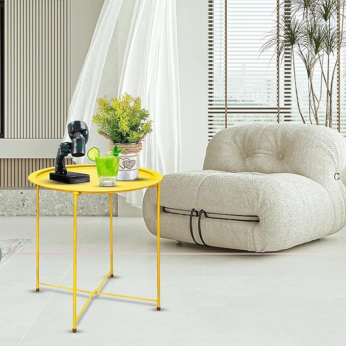 Garden 4 you End Table 2 PCS Metal Side Table Yellow Round Folding Tray Cyan Sofa Small Accent Fold-able Table, Round End Table Tray, Next to Sofa Table, Snack Table for Living Room and Bed Room