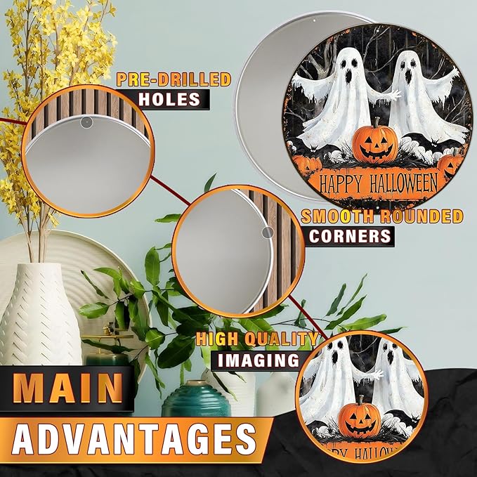 PEACHGARDEN Round Happy Halloween Pumpkin Wreath Vintage Sign Halloween Ghost Metal Tin Sign for Home Bar Kitchen Hotel Dining Room Coffee 12x12inch