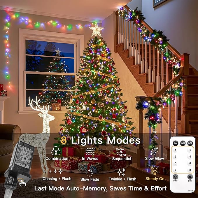 suddus Connectable Christmas Lights with Remote, Multicolor String Lights with Timer, 66ft 200 Led Fairy Lights Plug in for Xmas Tree, Bedroom, Yard, Garden, Party, Indoor, Outdoor Decorations
