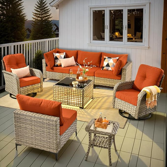 HOOOWOOO Outdoor Patio Furniture Set,8 Pieces Wicker Out Door Sectional Furniture L Shaped Couch,Patio Conversation Sets with Swivel Rocking Chair LED Table,Brick Red