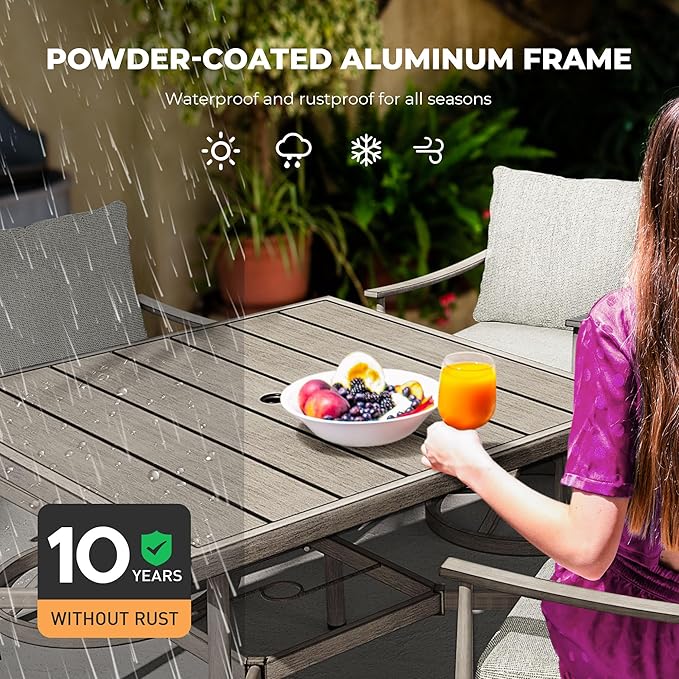 HAPPATIO 5-Piece Outdoor Dining Set for 4, Aluminum Patio Dining Set Includes 1 Large Square Table with Umbrella Hole & 4 Swivel Dining Chairs, Patio Furniture Set for Lawn, Porch, Backyard (Grey)