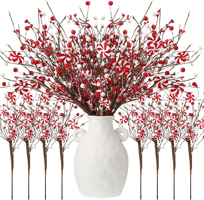 8 Pcs Christmas Candy Cane Decoration Xmas Tree Picks Ornaments, Red White Curly Pick and Spray with Artificial Berries Stem for Home Vase Filler Table Centerpiece Craft Xmas Tree Topper