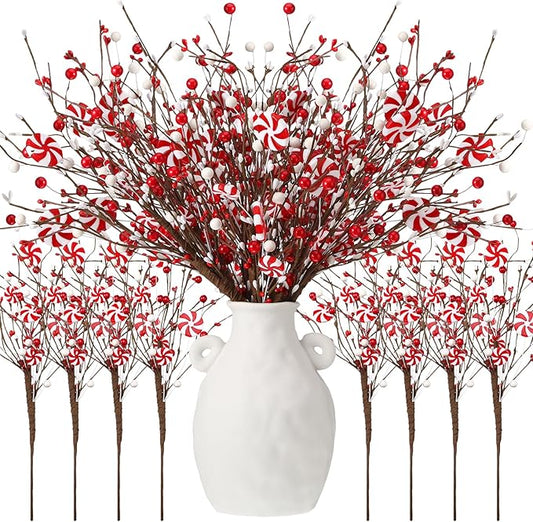 8 Pcs Christmas Candy Cane Decoration Xmas Tree Picks Ornaments, Red White Curly Pick and Spray with Artificial Berries Stem for Home Vase Filler Table Centerpiece Craft Xmas Tree Topper