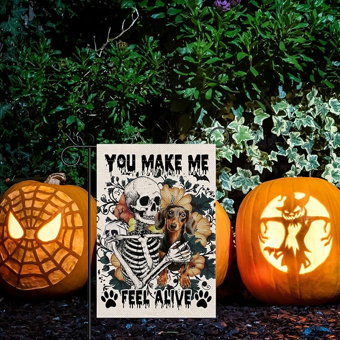 Halloween Garden Flag Skeleton and His Dachshund Vertical Double Sided Flags for Holiday Farmhouse Patio Yard Outdoor Party Decor Decorations Gifts - 12.5 x 18 Inch