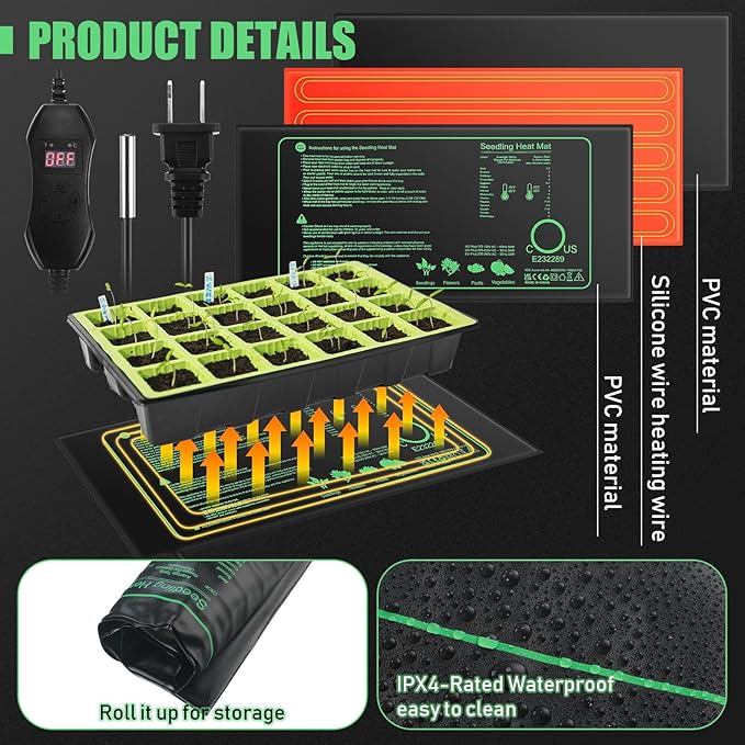 ROCEEI 2 Pack Seedling Heat Mat with Digital Thermostat Controller 10 x 20.75 Inch Waterproof Plant Seedling Heat Mat for Germination, Hydroponics, Brewing, Breeding, Indoor Gardening and Greenhouse