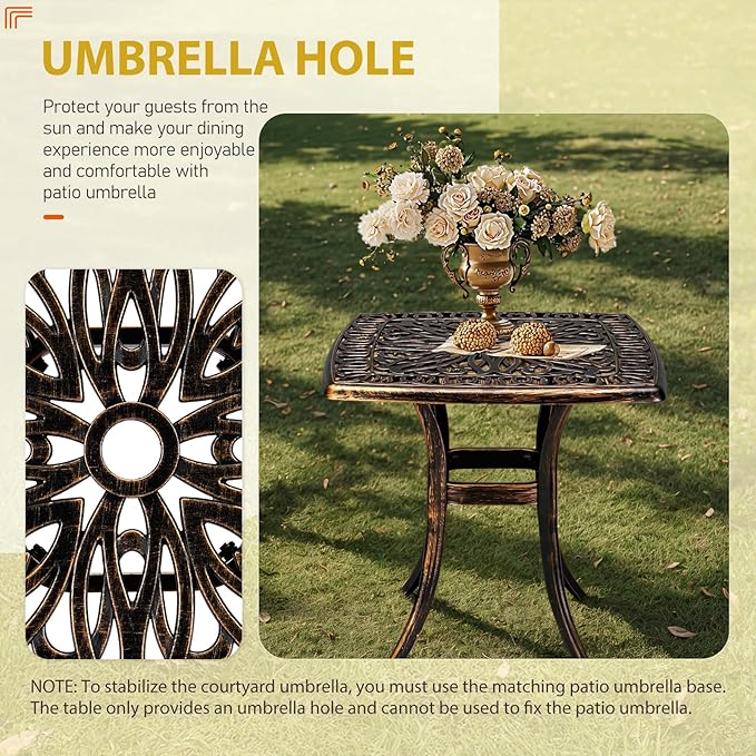 Outvita Patio Side Table, 21.3in Outdoor Square Cast Aluminum Bistro Table with Umbrella Hole and Antique Design for Backyard Porch Pool Balcony Deck Bronze