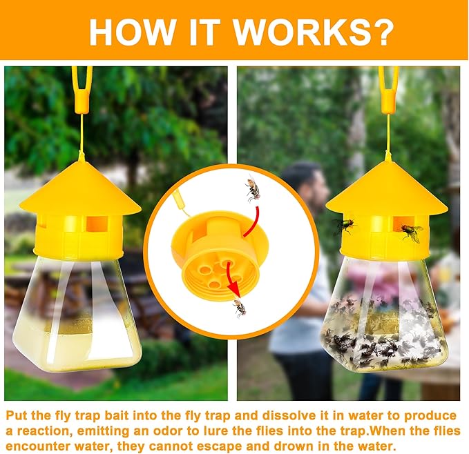 Reusable Fly Traps Outdoor Hanging with Natural Fly Bait Trap Refill, Reusable Fly Trap Fly Killer Outdoor Fly Catchers