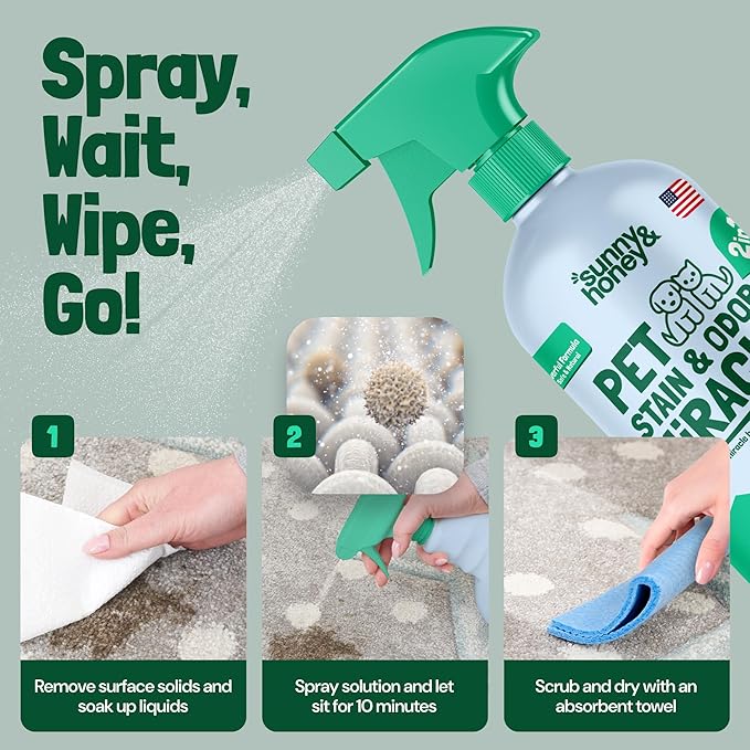 Sunny & Honey Pet Stain & Odor Miracle - 32 Fl Oz, Spring Mint Scent - Carpet Cleaner & Enzyme Spray for Carpets, Mattresses & Upholstery - Rug Shampoo & Dog Pee Cleaner & Odor Remover