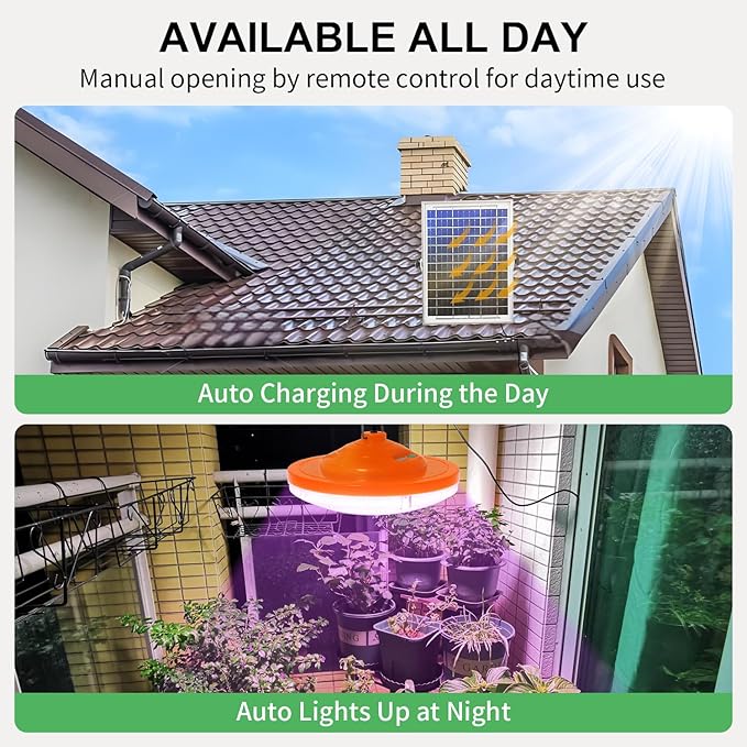Solar Plant Grow Light Outdoor Indoor Run Day/Night, 96 LED Full Spectrum Solar Hanging Plant Light with Remote Control,16.4FT Cable/USB Charging/Timer for All Stage Plants