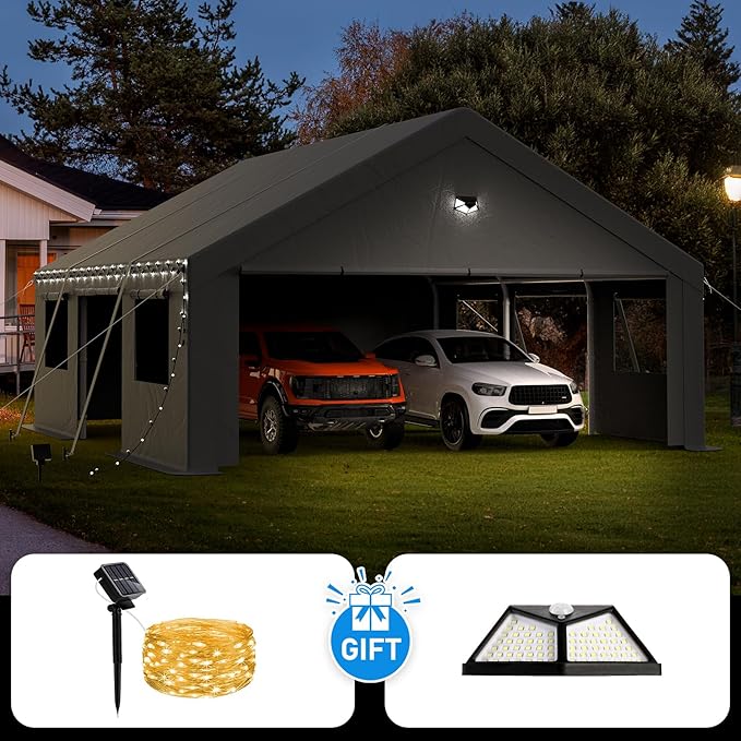 20x20 Carport Canopy, Heavy Duty Car Ports with Sidewalls, Portable Garage Carports with Roll Up Zipper End & Side Doors, Grey