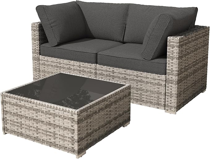 HOOOWOOO Patio Sectional Furniture Set,3 Piece Couch Set with 2 Matching Corner Chairs and 1 Table(Black)