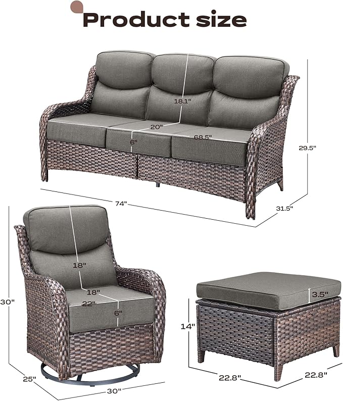 Wicker Outdoor Patio Furniture Set - 7 Piece Patio Conversation Sets with Swivel Rocker Chairs, Ottomans and Sofa, 6 inch Cushions, Waterproof Wicker, for Porch Deck Brown/Grey