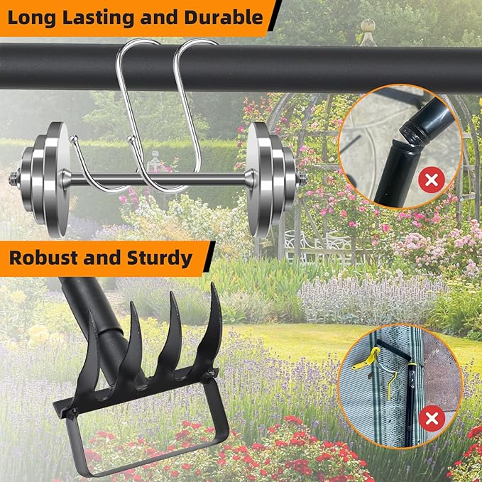 Action Stirrup Hoe Garden Tool Weed Puller with Adjustable Long Handle, Heavy Duty Hula Hoe and 4 Tines Rake 2 in 1 Gardening Tools Garden Cultivator for Weeding Soil Loosening, Black