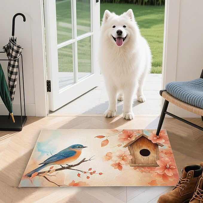 Watercolor Blue Bird Indoor Outdoor Rugs,Spring Flowers Doormat Outside Entrance,Non-Slip Welcome Mat Indoor Felt Floor Mat for Back Door Patio, Porch,Home Entryway,30 x 17 Inch