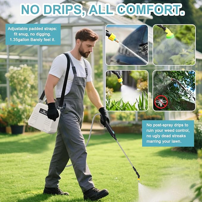 Battery Powered Sprayer 1.35 Gallon, Upgraded Electric Garden Sprayer with 3 Nozzles & 4 Spray Modes,Rechargeable Handle, Retractable Wand and Adjustable Shoulder Strap for Weed Killer, Lawn, Yard