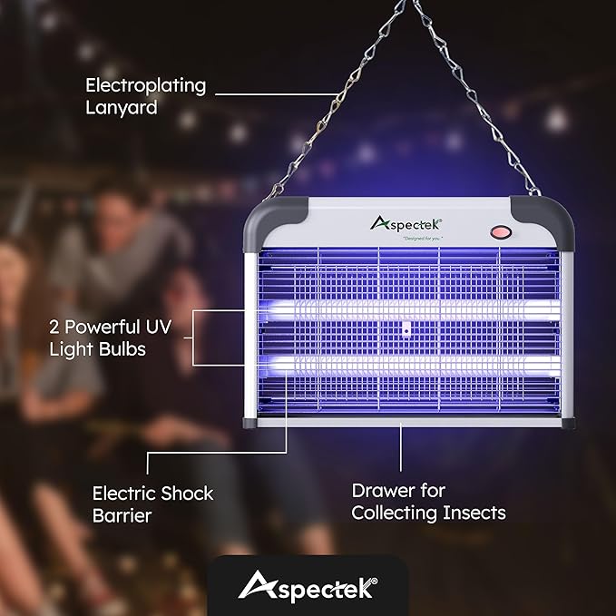 Aspectek 20W Electric Bug Zapper for Indoor Use. Effective Against Mosquitoes and Flies. 2 Extra Replacement Bulbs Included. Lightweight Design, 2800V Powerful Grid, Easy Cleaning, Washable Tray.