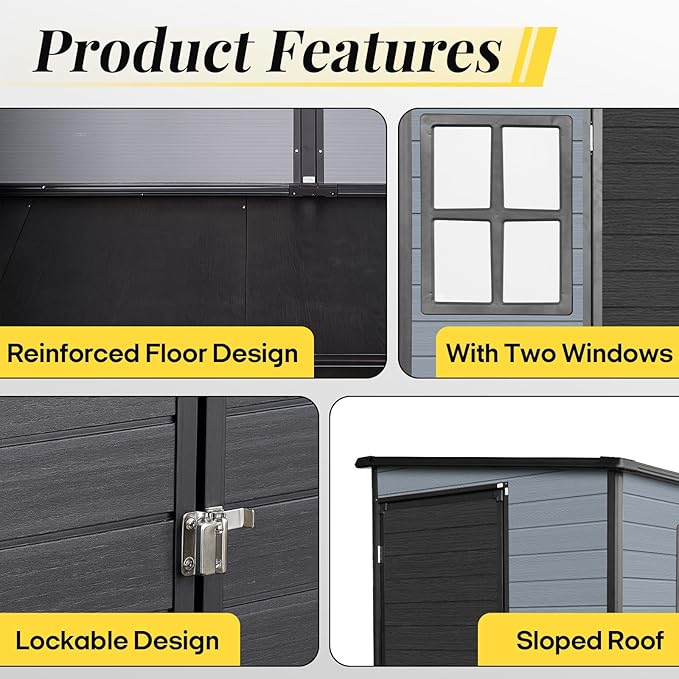 4‘x8’ Lean to Shed with Floor, Resin Storage Shed & Outdoor Storage Clearance with 2 Windows, Backyard Storage Sheds for Garden Tools, Bicycle, Black+Grey