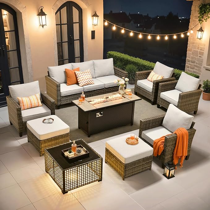 ovios 9 Pieces Patio Furniture Set with 54" Fire Pit Table, Outdoor Sofa Couch with Solar Lights Table Comfy Cushions, Modern Deep Seat Wicker Rattan Conversation Set, Grey