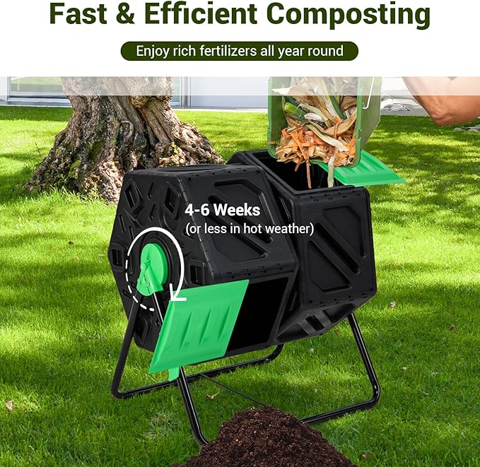 Goplus Compost Bin, Dual Chamber 34.5 Gal Compost Tumbler with 2 Rotating Chambers, Sliding Doors, High-Volume Outdoor Garden Composter, Rotating Composting Bin for Garden Yard, BPA Free